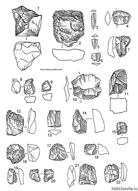 Рис.173. Инвентарь поселений Жарниково 2 (1), 3 (2–11), 4 (12–22): 1 – кварцит, 2–6, 10 – лидит, 7–9, 11–17, 19–22 – кварц, 18 – кремень