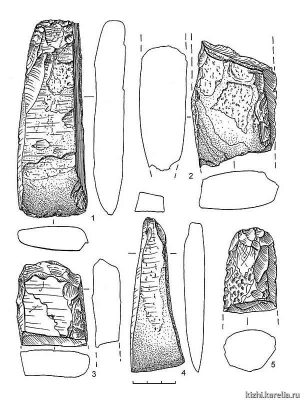 Рис.88. Инвентарь поселения Вожмариха 1: 1–5 – сланец