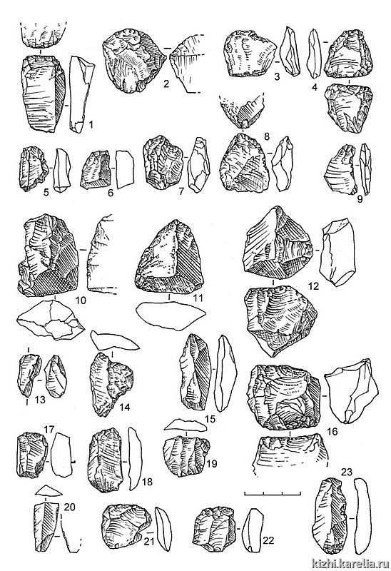 Рис.97. Инвентарь поселения Вожмариха 2: 1–18, 23 – кварц, 19–22 – кремень