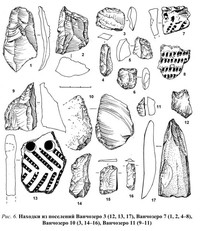 Рис. 6. Находки из поселений Ванчозеро 3 (12, 13, 17), Ванчозеро 7 (1, 2, 4–8), Ванчозеро 10 (3, 14–16), Ванчозеро 11 (9–11)