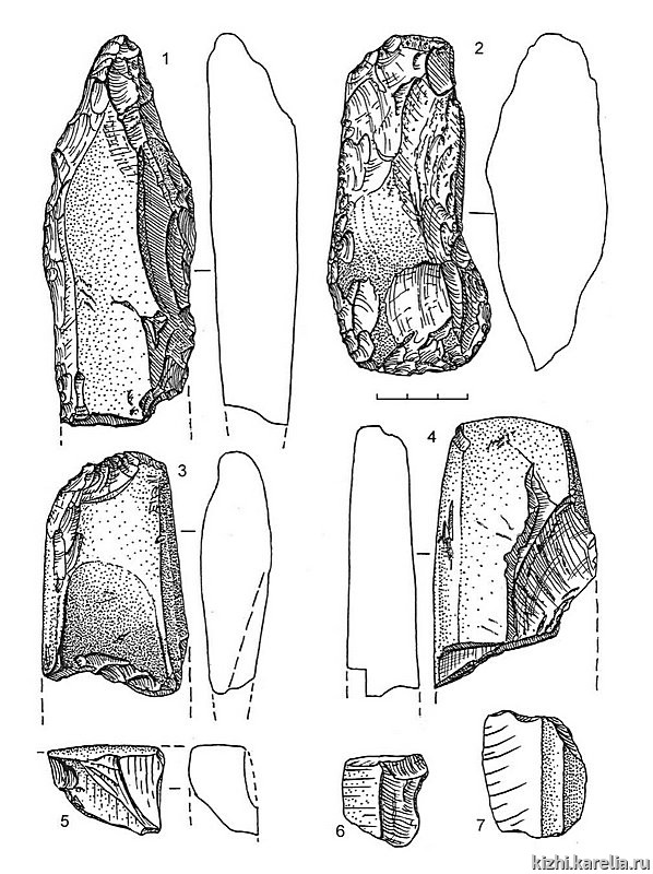 Рис.180. Инвентарь поселения Леликово 1: 1–7 – сланец