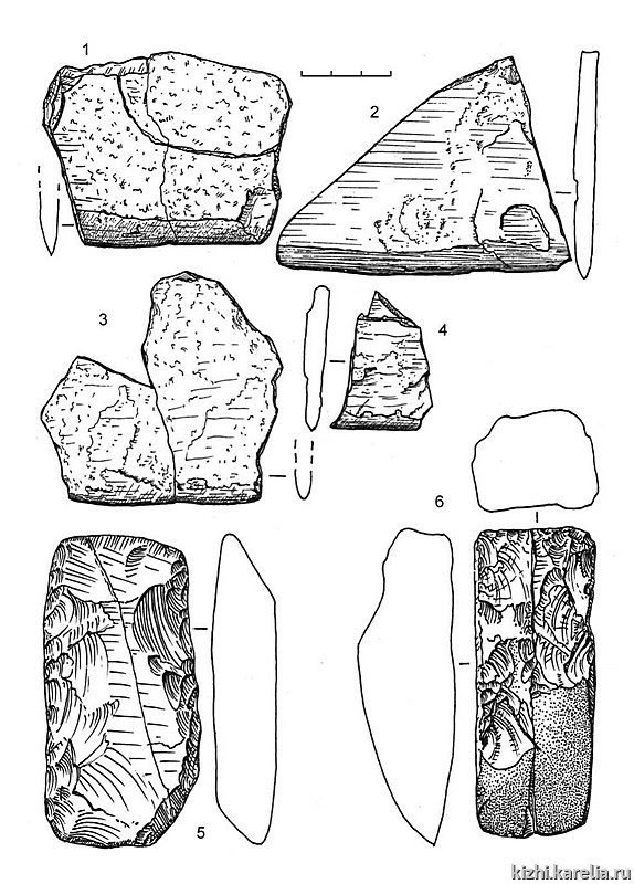 Рис.150. Инвентарь поселения Вожмариха 24: 1–2, 4–6 – сланец, 3 – песчаник