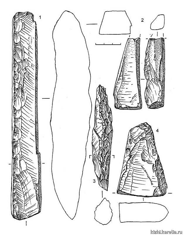 Рис.167. Инвентарь поселения Вожмариха 28: 1–4 – сланец