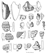 Рис.8. Поселения Пяльма 7: 1 – обломок кирки, сланец; 2 – обломок со следами обработки, лидит; 3, 7, 8 – отщеп со следами обработки, кремень; 4, 9 – обломок ножевидной пластинки, кремень; 5 – обломок со следами шлифования, сланец; 6, 10-17 – фрагменты керамики сперрингс