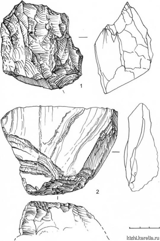 Рис. 14. Находки из поселения Грыз 1 (1 — кварц, 2 — сланец).