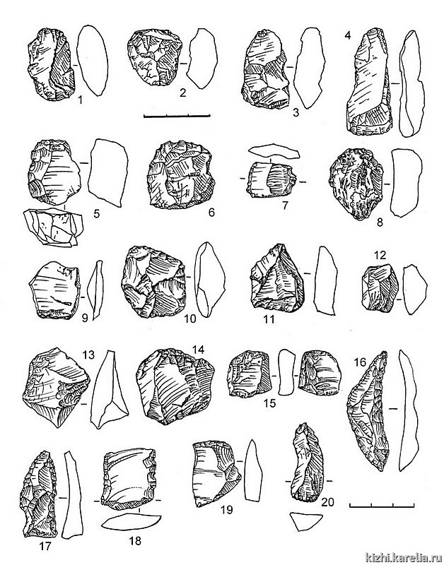 Рис.86. Инвентарь поселения Вертилово 7: 1–5, 6, 8, 12, 20 – кварц, 7, 9–11, 13–14, 16–18 – кремень, 15, 19 – лидит