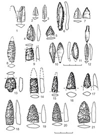 Рис. 1. Наконечники стрел из кремня (1, 4–21) и лидита (2, 3)