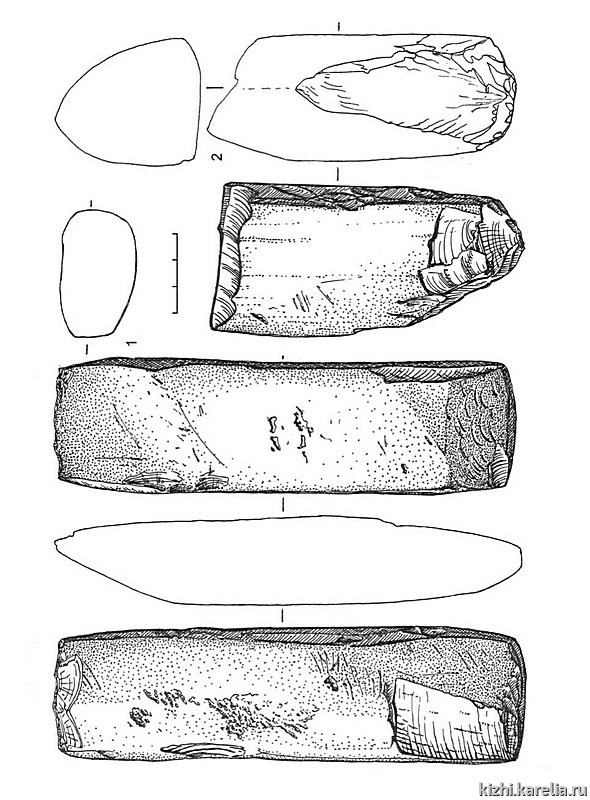 Рис.77. Инвентарь поселения Вертилово 7: 1–2 – сланец