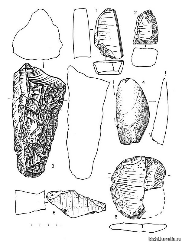 Рис.188. Инвентарь поселений Леликово 1 (6) и Леликово 2 (1–5): 1–4, 6 – сланец, 5 – кварцит