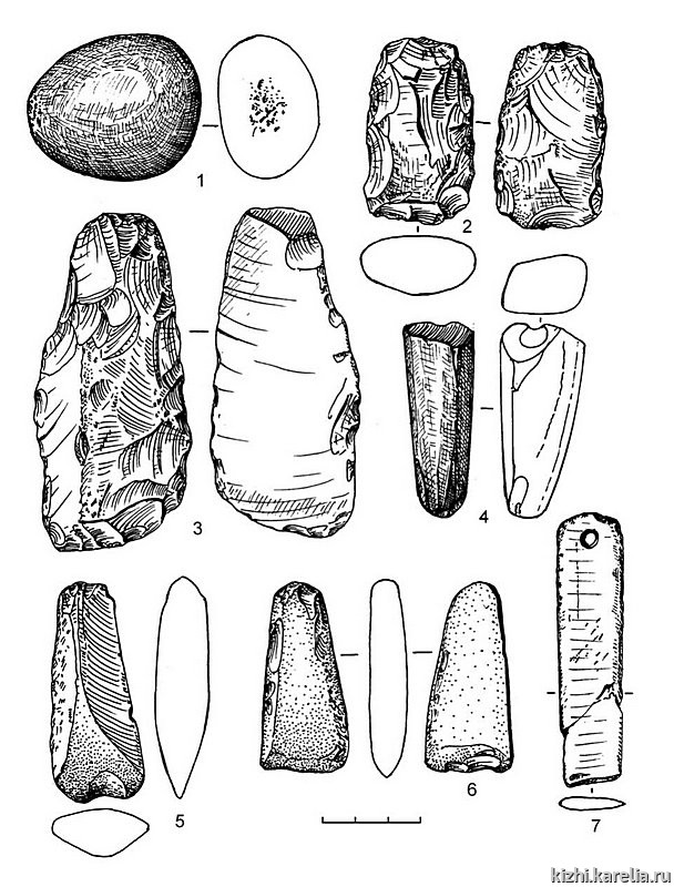 Рис.207. Инвентарь поселения Южный Олений остров 2: 1 – кварцит, 2–7 – сланец