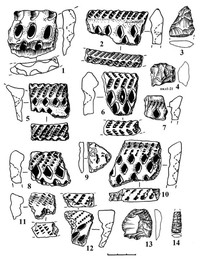 Рис.3. Поселения Пяльма I: 1, 2, 5-8, 10-12 – фрагменты ромбо-ямочной керамики; 3 – обломок наконечника дротика, кремень; 4 – скребок, кварц; 9 – фрагмент асбестовой керамики; 13 – скребок, кремень; 14 – обломок наконечника стрелы, кремень