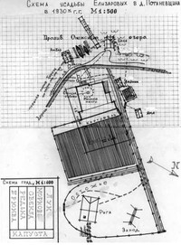 Рис.18. План–схема усадьбы Елизаровых в 1930-х гг. Изменения, связанные с коллективизацией, коснулись размеров усадебного огорода и пристани: резко увеличилась площадь картофельного поля и пристани (для выгрузки колхозных тракторов)