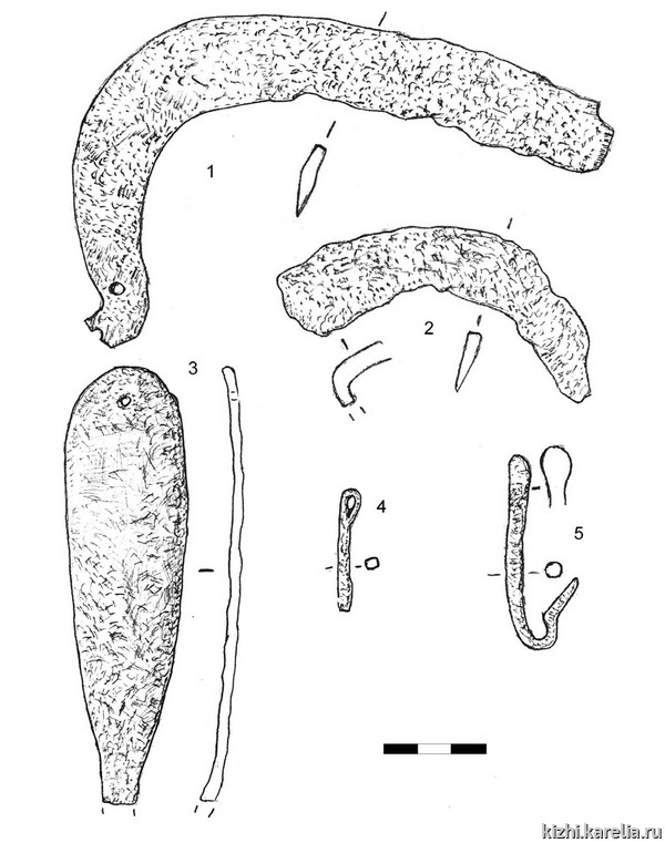 Рис.22. Сельскохозяйственный и рыболовный инвентарь из раскопок на селище   Васильево 2 / Fig.22. Agricultural and fishery equipment from vasil'evo 2