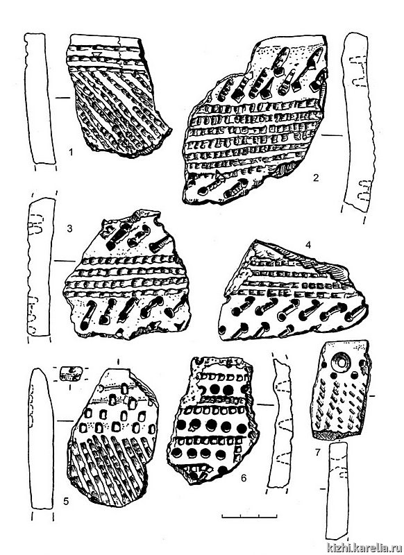 Рис.231. Ямочно-гребенчатая керамика (6) и керамика сперрингс (1–5, 7) из поселения Вертилово 7