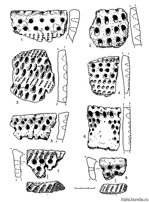 Рис.261. Керамика с гребенчато-ямочным (1, 3, 7), ямочным (2, 4, 8) и ромбо-ямочным (5–6) орнаментом из поселения Вожмариха 21