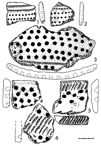 Рис.3. Керамика из поселения Вохмариха 1 (3-6) и Вохмариха 2 (1, 2)