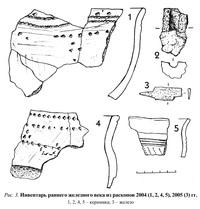 Рис.3. Инвентарь раннего железного века из раскопов 2004 (1, 2, 4, 5), 2005 (3) гг.