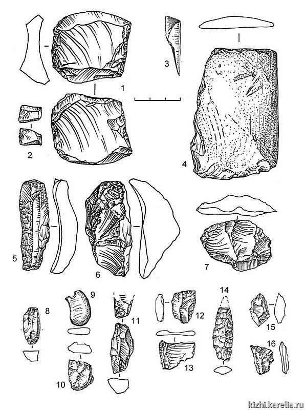 Рис.177. Инвентарь поселений Воробьи 2 (1–2) и Воробьи 4 (3–16): 1, 7, 11 – лидит, 2, 8, 10, 15, 16 – кварц