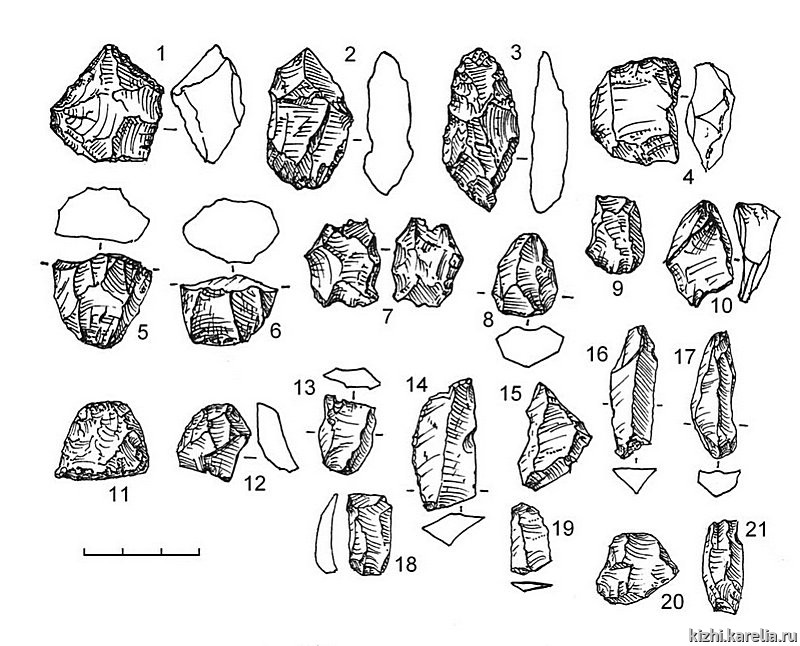 Рис.196. Инвентарь поселения Радколье 2: 1–21 – кварц