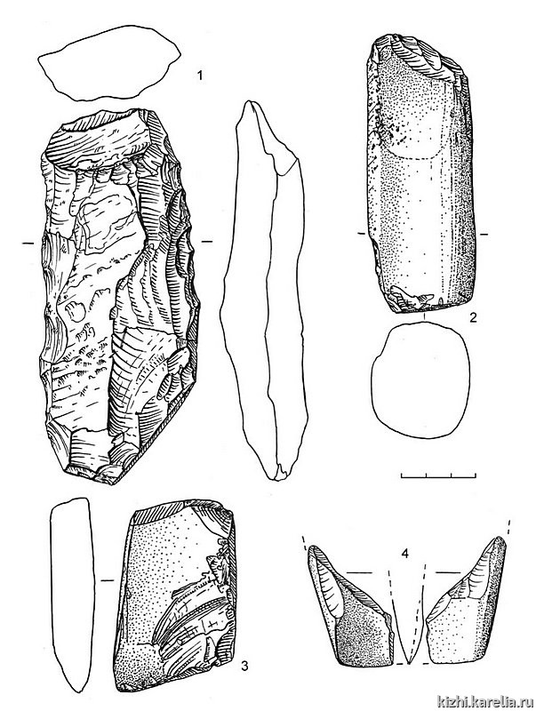 Рис.78. Инвентарь поселения Вертилово 7: 1–4 – сланец