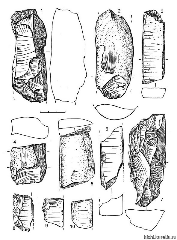 Рис.161. Инвентарь поселения Вожмариха 26: 1–7 – сланец