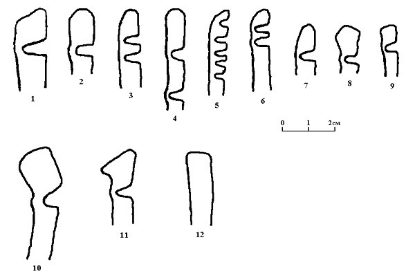 Рис.4. Профили венчиков сосудов (раскоп №1). Поселение Вожмариха 4 (раскоп №1). Профили венчиков сосудов. 1–9 – ямочно-гребенчатая керамика; 10, 11 – гребенчато–ямочная керамика, 12 – асбестовая керамика
