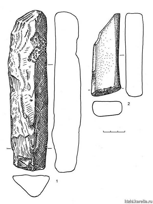Рис.123. Инвентарь поселения Вожмариха 15: 1–2 – сланец