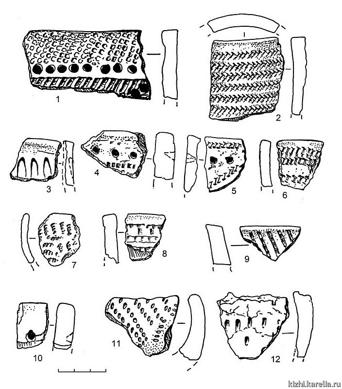 Рис.229. Ямочно-гребенчатая керамика (1) и керамика сперрингс (2–12) из поселения Вертилово 3 (11–12) и Вертилово 7 (1–10)