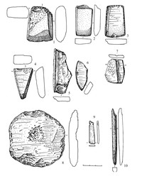 Рис.6. Поселение Гарнизон Бесовец II: 1-3 – долота; 4 – клиновидное орудие; 5, 7 – осколки со следами пиления; 6 – осколок со следами шлифования; 8 – диск; 9 – подвеска; 10 – проколка (орнаментир?) (все сланец)