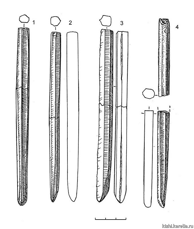 Рис.147. Инвентарь поселения Вожмариха 24: 1–4 – сланец