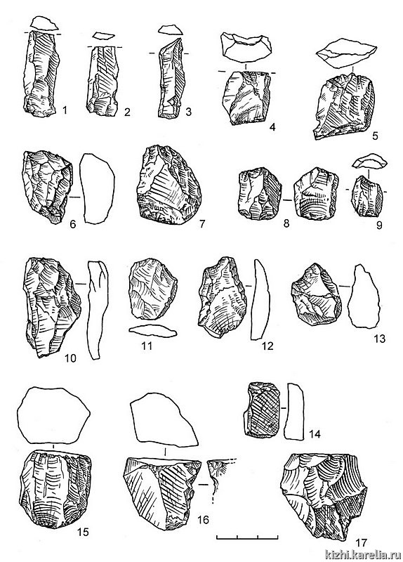 Рис.73. Инвентарь поселения Вертилово 3: 1–13, 15, 16 – кварц, 14, 17 – лидит