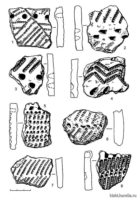 Рис.280. Керамика с гребенчатым и гребенчато-ямочным орнаментом из поселения Радколье 2 (1–6)
