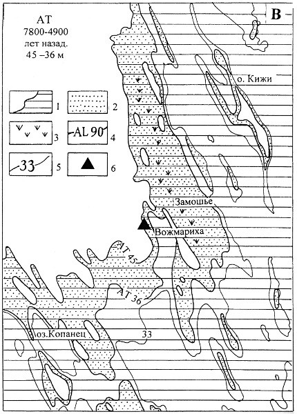 Рис.2В. Палеографические схемы южного побережья Заонежского полуострова в атлантический период. Условные обозначения см. на рис. 2А.