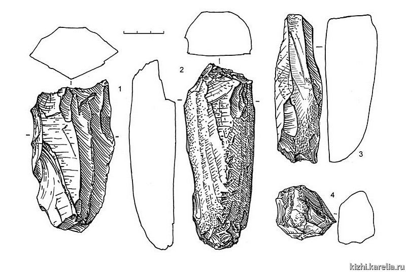 Рис.175. Инвентарь поселения Жарниково 4: 1–3 – сланец, 4 – кремень