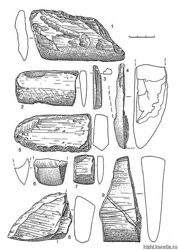 Рис.183. Инвентарь поселения Леликово 1: 1–2, 8 – кварцит, 3–7, 9 – сланец