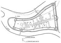 Рис.1. План Олонецкой крепости 2-го строительного периода (1668-1741 гг.). Реконструкция М.И.Мильчика, В.Д.Голуба. Экспликация: 1. Московская проезжая башня. 2. Мегрегская проезжая башня. 3. Тайник. 4. Никольская проезжая башня. 5. Водяные ворота. 6. Верховские (Олонецкие) ворота. 7. Троицкий собор.