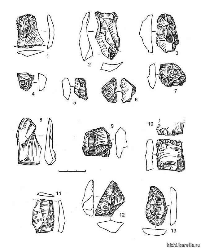 Рис.112. Инвентарь поселения Вожмариха 4 (раскоп 2): 1–2, 4–8, 10–13 – кремень, 3 – кварц, 9 – лидит