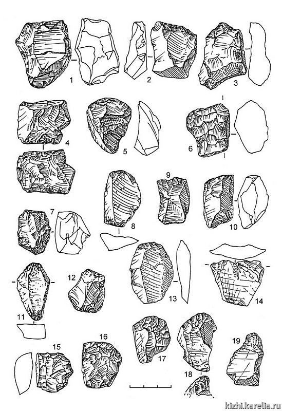 Рис.93. Инвентарь поселения Вожмариха 1: 1–19 – кварц