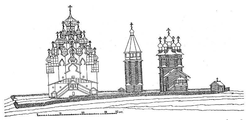 Рис.17. IV. Обший вид Кижского погоста после 1785 года с реконструкцией входов на Преображенской церкви, обшивкой досками в 1818 году, покрытием кровли и глав железом в 1823 году, устройством каменной ограды и шейки на главе колокольни до 1823 года.