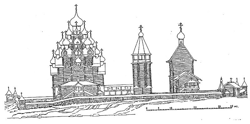 Рис.11. Общий вид Кижского погоста в 1714-1720 гг. с реконструкцией Покровской церкви в 1694 году и старой колокольни начала XVII в.