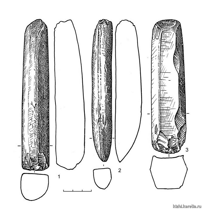 Рис.121. Инвентарь поселения Вожмариха 15: 1–3 – сланец
