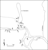 Рис. 2. Расположение поселений Кивач 2–20 на реке Суна