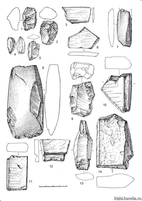 Рис. 5. Находки из поселения Ручей 5 (1, 2, 4, 5 — кварц, 3, 6-14 — сланец).