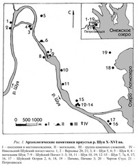 Рис.1. Археологические памятники приустья р.Шуя X–XVI вв. I – поселения и местонахождения, II – могильник, III – группа каменных сложений, IV – Никольский Шуйский погост-место.