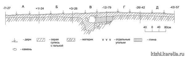 Рис.37. Профиль западной стенки раскопа на селище Бачурин Наволок / Fig.37. Western profile of the excavation site on Bachurin Navolok