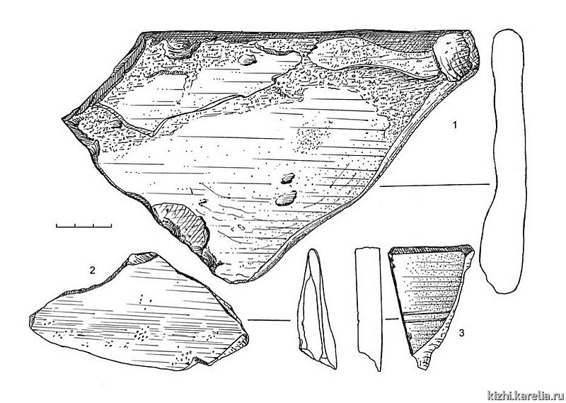 Рис. 169. Инвентарь поселения Вожмариха 28: 1 – сланец, 2–3 – кварцит