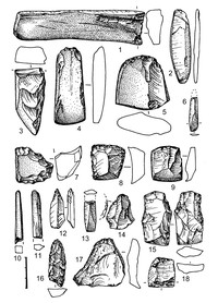 Рис.11. Предметы из сланца (1–13), лидита (14–16) и кремня (17, 18)