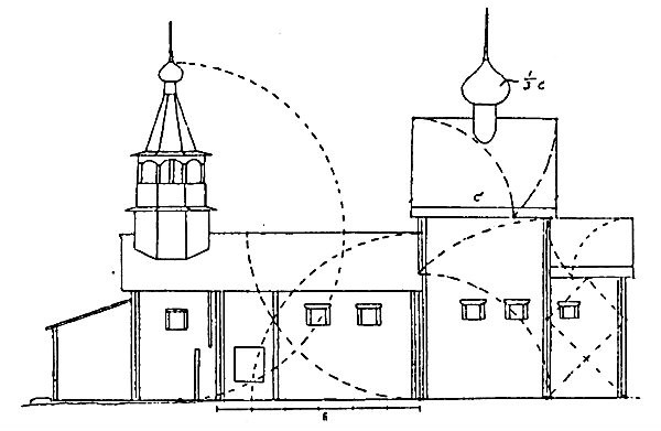 Рис.4. Пропорциональный анализ Георгиевской церкви в д.Федоровка на Кенозере Приозерского района Архангельской области. XVII век.