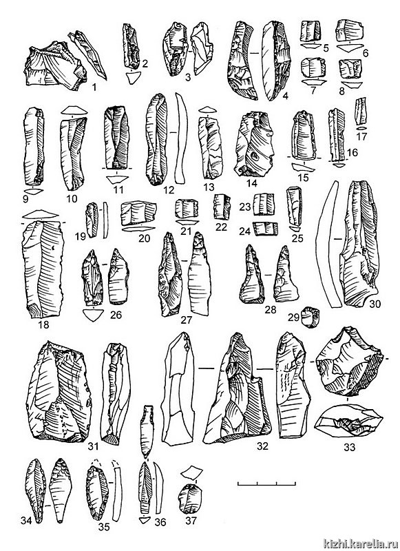 Рис.212. Инвентарь поселения Южный Олений остров 2: 1–31, 34–37 – кремень, 32–33 – сланец