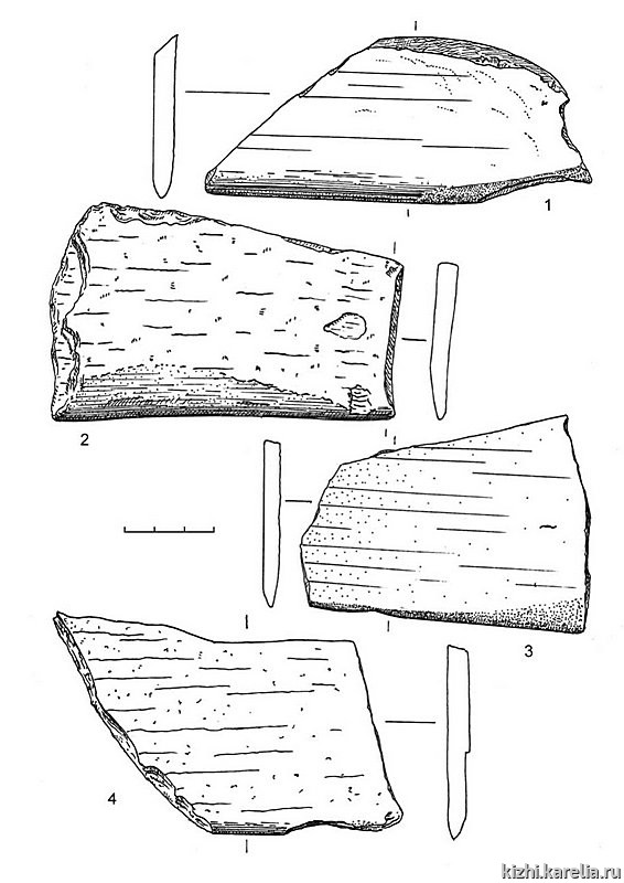 Рис.154. Инвентарь поселения Вожмариха 24: 1–3 – сланец, 4 – песчаник